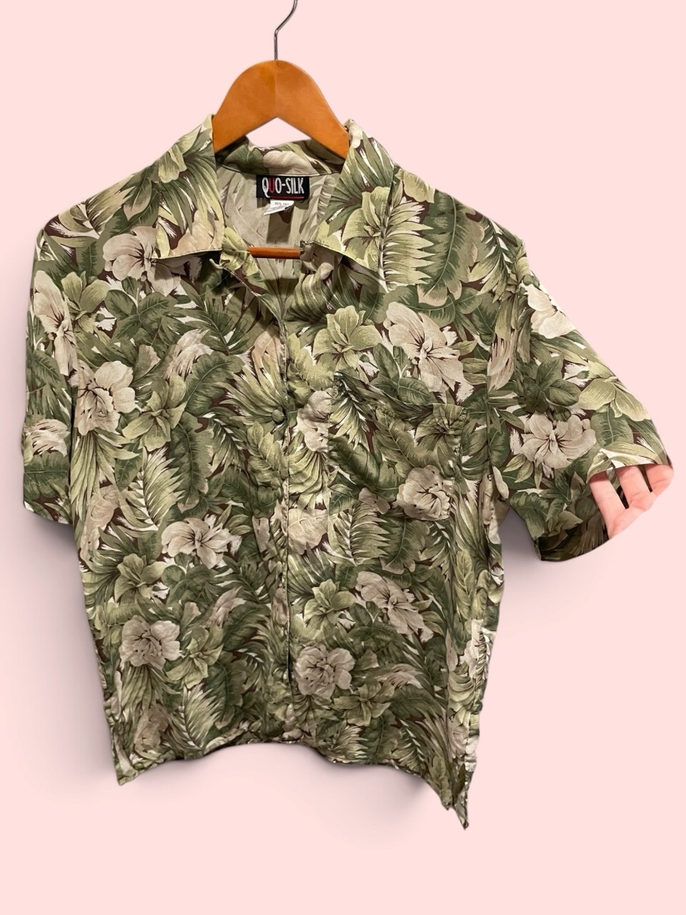 Cute 90s tropical silk roses oversized cottagecore natural materials blouse sage